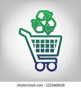 Shopping cart icon with a recycle sign. Vector. Green to blue gradient contour icon at grayish background with light in center.