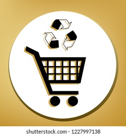 Shopping cart icon with a recycle sign. Vector. Black icon with light brown shadow in white circle with shaped ring at golden background.