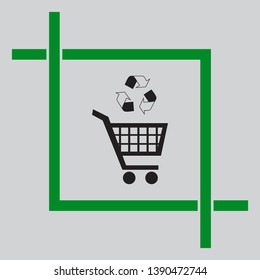 Shopping cart icon with a recycle sign. Black icon inside green crop tool at light gray background