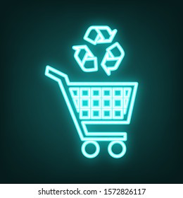 Shopping cart icon with a recycle sign. Cyan neon icon in the dark. Bluring. Luminescence. Illustration.