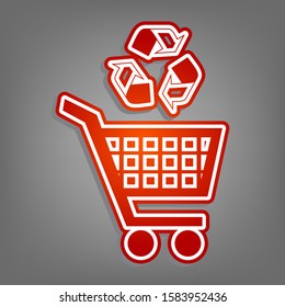 Shopping cart icon with a recycle sign. Flat red icon with linear white icon with gray shadow at grayish background. Illustration.
