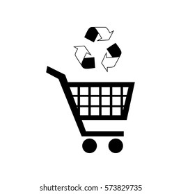 Shopping cart icon with a recycle sign Flat style black icon on 