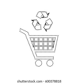 Shopping cart icon with a recycle sign Vector. Black dotted icon on white background. Isolated.