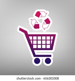 Shopping cart icon with a recycle sign. Vector. Purple gradient icon on white paper at gray background.