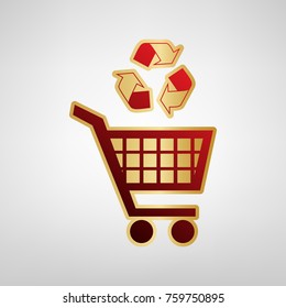 Shopping cart icon with a recycle sign. Vector. Red icon on gold sticker at light gray background.
