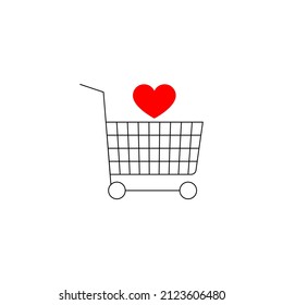 Shopping cart icon with red heart. Shop trolley with wheels and heart symbol. Vector illustration. Editable template.