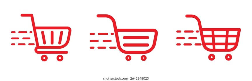 Shopping cart icon. Red shopping cart vector isolated on white background. Red Shopping cart trolley icon vector. Supermarket basket vector set. Store checkout isolated icon Red Shopping cart icon set