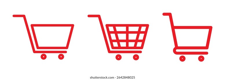 Shopping cart icon. Red shopping cart vector isolated on white background. Red Shopping cart trolley icon vector. Supermarket basket vector set. Store checkout isolated icon Red Shopping cart icon set