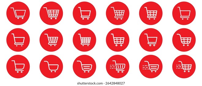 Shopping cart icon. Red shopping cart vector isolated on white background. Red Shopping cart trolley icon vector. Supermarket basket vector set. Store checkout isolated icon Red Shopping cart icon set
