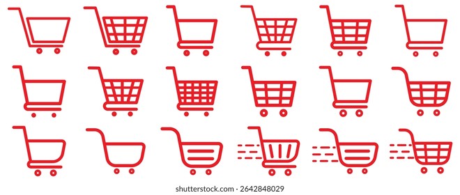 Shopping cart icon. Red shopping cart vector isolated on white background. Red Shopping cart trolley icon vector. Supermarket basket vector set. Store checkout isolated icon Red Shopping cart icon set