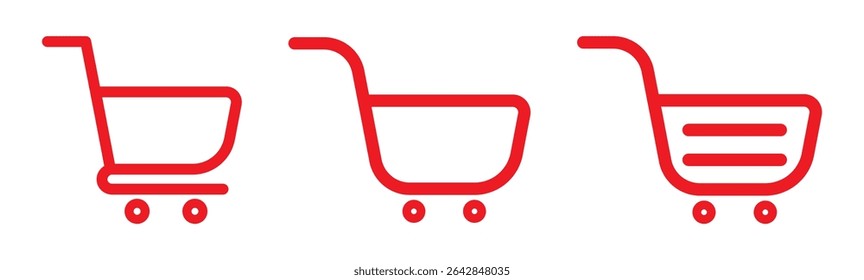 Shopping cart icon. Red shopping cart vector isolated on white background. Red Shopping cart trolley icon vector. Supermarket basket vector set. Store checkout isolated icon Red Shopping cart icon set