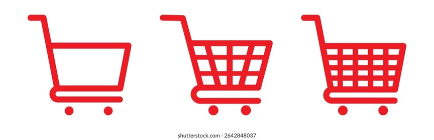 Shopping cart icon. Red shopping cart vector isolated on white background. Red Shopping cart trolley icon vector. Supermarket basket vector set. Store checkout isolated icon Red Shopping cart icon set