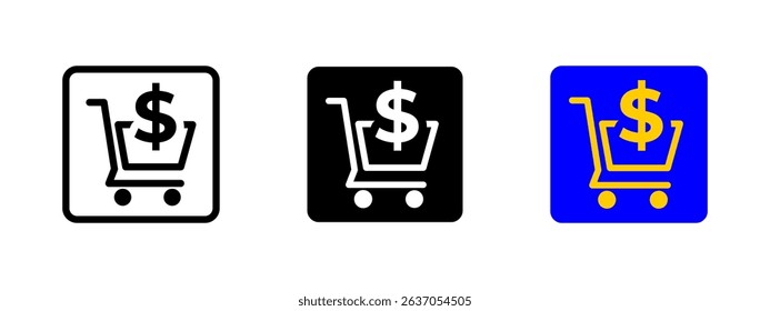 Shopping cart icon. Retail basket with dollar symbol representing purchase or payment vector illustration. E-commerce and financial transaction symbol. Online shopping and sales sign. Market pictogram