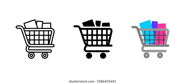 Shopping cart icon. Retail purchase sign. Supermarket trolley symbol. Grocery and product basket pictogram. Online and in-store shopping illustration.