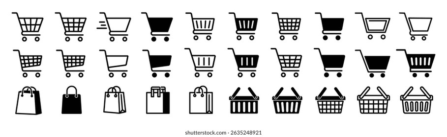 Shopping cart icon set, containing Full and empty shopping cart symbol, shopping bag icon, shop and sale, vector illustration