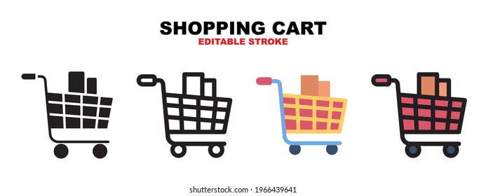 Shopping Cart icon set with different styles. Icons designed in filled, outline, flat, glyph and line colored. Editable stroke and pixel perfect. Can be used for web, mobile, ui and more.
