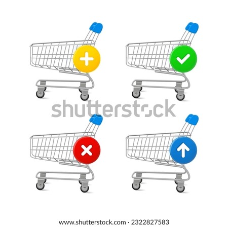 Shopping cart icon set with different pictograms. 3d vector icons set
