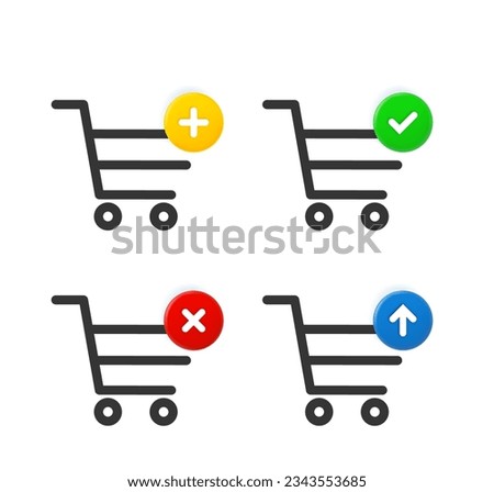 Shopping cart icon set with different pictograms. 3d vector icons set