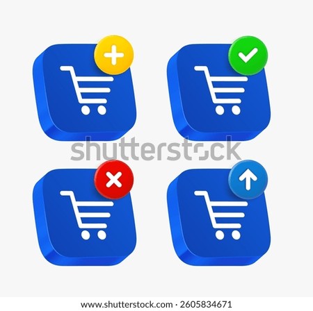 Shopping cart icon set with different pictograms. 3d vector icons collection