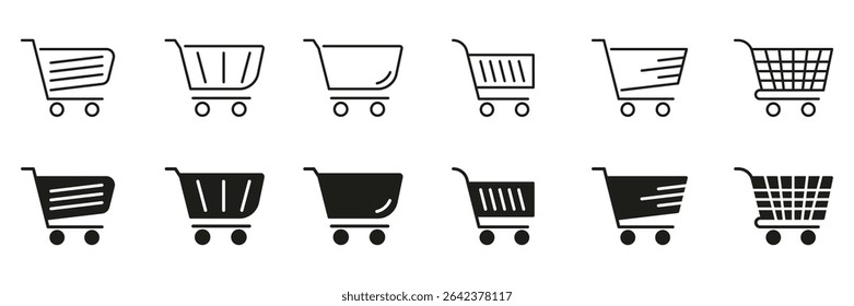Shopping Cart Icon Set. E-Commerce, Online Shopping, And Retail Marketplace Symbol Collection. Various Cart Designs For Digital And Physical Stores. Isolated Vector Illustration.