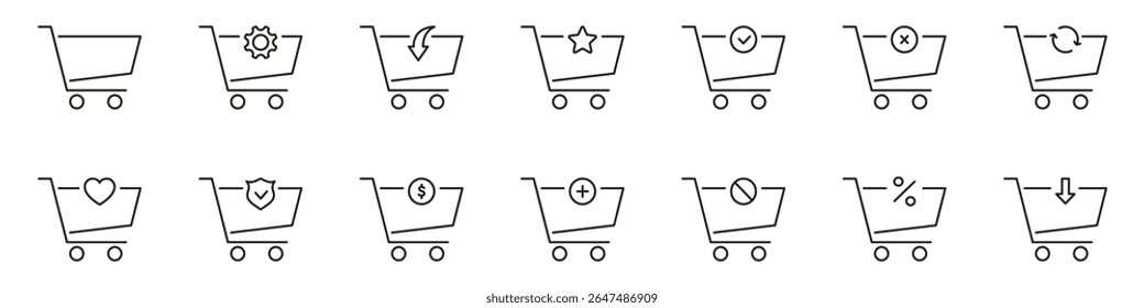Shopping Cart Icon Set. E-Commerce, Online Shopping, And Retail Symbol Collection. Includes Settings, Discounts, Favorites. Editable Stroke. Isolated Vector Illustration.