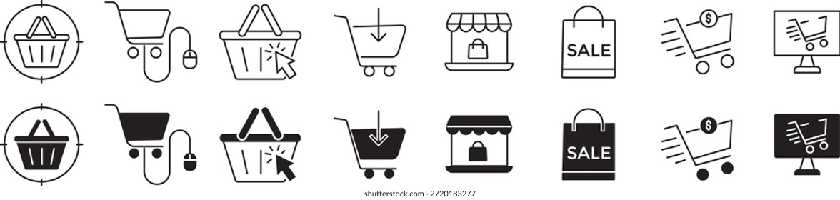 Conjunto de iconos de Carrito de compras. Comercio electrónico y símbolos de compra en línea. venta al por menor, tienda de Web, entrega, promoción de ventas y experiencia y Carrito del Cliente. Símbolos de glifo negro para compras en línea, tienda de Internet y venta al por menor