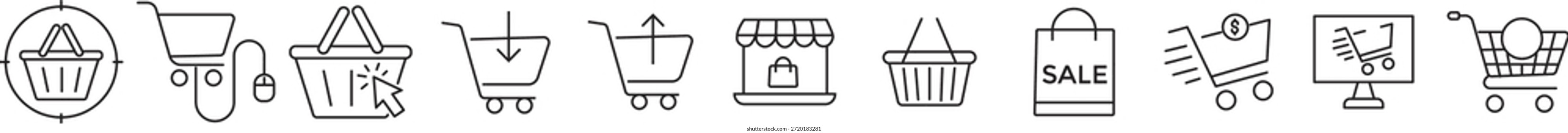 Conjunto de iconos de Carrito de compras. Comercio electrónico y símbolos de compra en línea. venta al por menor, tienda de Web, entrega, promoción de ventas y experiencia y Carrito del Cliente. Símbolos de glifo negro para compras en línea, tienda de Internet y venta al por menor