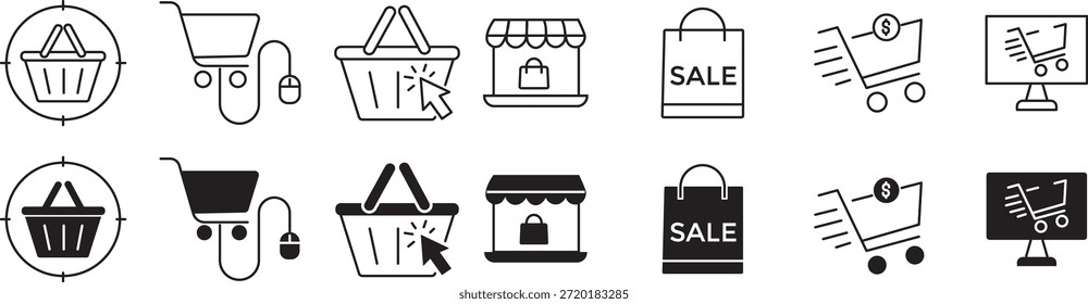 Conjunto de iconos de Carrito de compras. Comercio electrónico y símbolos de compra en línea. venta al por menor, tienda de Web, entrega, promoción de ventas y experiencia y Carrito del Cliente. Símbolos de glifo negro para compras en línea, tienda de Internet y venta al por menor