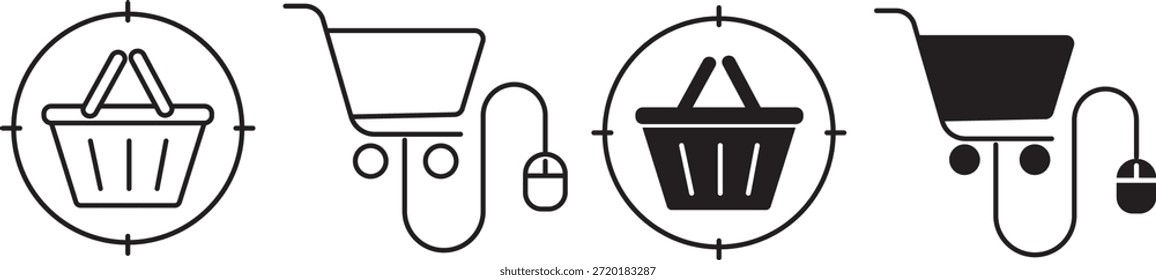 Conjunto de iconos de Carrito de compras. Comercio electrónico y símbolos de compra en línea. venta al por menor, tienda de Web, entrega, promoción de ventas y experiencia y Carrito del Cliente. Símbolos de glifo negro para compras en línea, tienda de Internet y venta al por menor