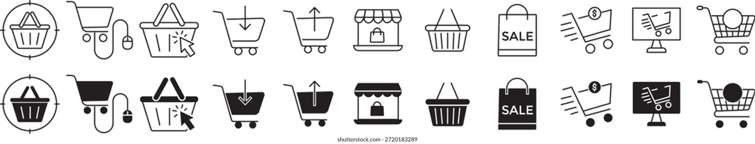 Conjunto de iconos de Carrito de compras. Comercio electrónico y símbolos de compra en línea. venta al por menor, tienda de Web, entrega, promoción de ventas y experiencia y Carrito del Cliente. Símbolos de glifo negro para compras en línea, tienda de Internet y venta al por menor