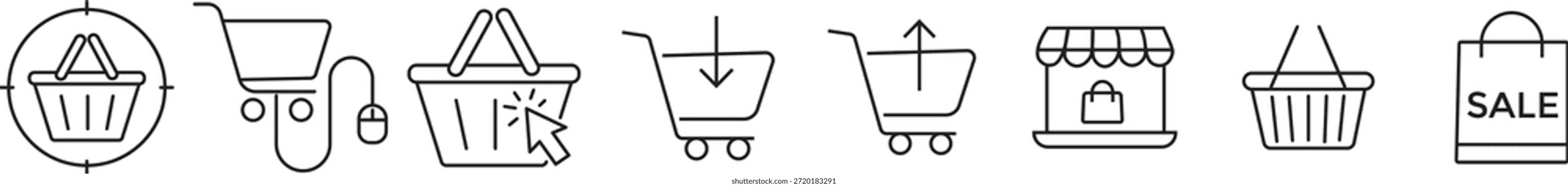 Conjunto de iconos de Carrito de compras. Comercio electrónico y símbolos de compra en línea. venta al por menor, tienda de Web, entrega, promoción de ventas y experiencia y Carrito del Cliente. Símbolos de glifo negro para compras en línea, tienda de Internet y venta al por menor