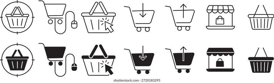 Conjunto de iconos de Carrito de compras. Comercio electrónico y símbolos de compra en línea. venta al por menor, tienda de Web, entrega, promoción de ventas y experiencia y Carrito del Cliente. Símbolos de glifo negro para compras en línea, tienda de Internet y venta al por menor