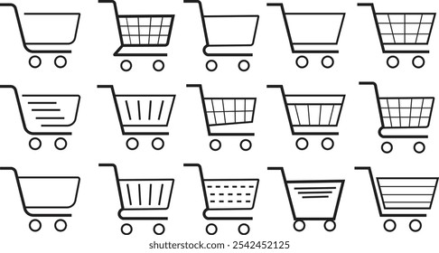 Conjunto de ícones de carrinho de compras, símbolo de carrinho de compras vazio, loja e venda, vetor vetor preto coleção isolada no fundo transparente. Carrinho de remessa da Web store. Sinal de logotipo de compra de loja de Internet.