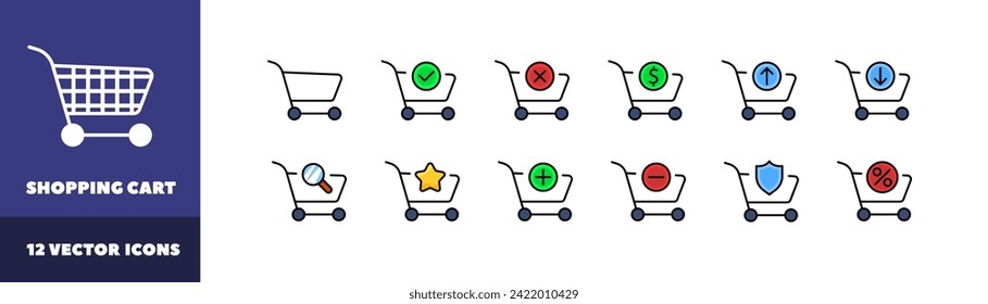 Shopping cart icon set. Flat style
