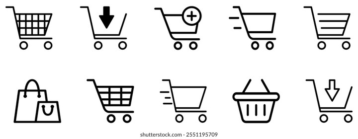 Shopping cart icon set. forest, felling, hardwood, softwood, sawdust and free trunk.