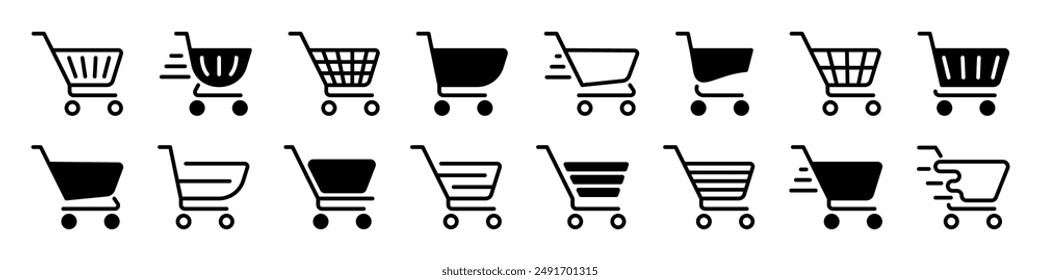 Shopping cart icon set. Full and empty shopping cart symbol. Line and silhouette style.