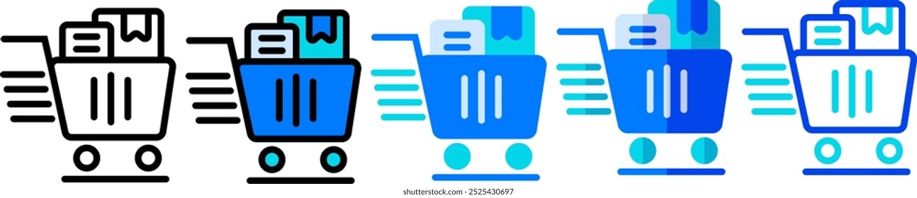 Shopping cart icon set, shopping cart illustration in several styles such as line, filled, flat, and glyph. Suitable for checkout icons in online shop applications.