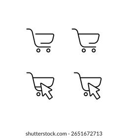 Conjunto de ícones do carrinho de compras. Conjunto de vetores do carrinho de compras isolado. Sinal de cesta de venda de supermercado com cursor do mouse. Conjunto de ícones da cesta online.