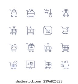 Shopping cart icon set. Thin line icon. Editable stroke. Containing consumption, global, online shop, online shopping, shopping cart, cart, remove from cart.