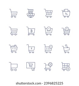 Juego de iconos del carrito de compras. Icono de línea delgada. Trazo editable. Con comercio, bitcoin, compra, compra en línea, carrito, carrito de compras, ahorro, marketing, carro.