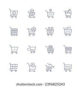 Juego de iconos del carrito de compras. Icono de línea delgada. Trazo editable. Conteniendo bienes inmuebles, consumidores, compras, comercio y compras, carrito, carrito de compras, desmontado de carrito.