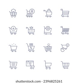 Shopping cart icon set. Thin line icon. Editable stroke. Containing sale, consumerism, cart, online shopping, shopping bag, shopping cart, add, real estate, empty cart.