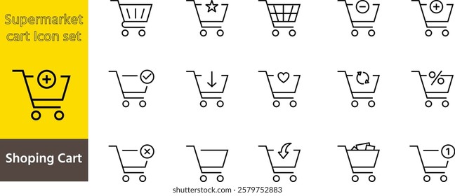 Shopping cart icon set, Shopping trolley in outline. Web cart in line. Shop symbol in black. Trolley icon set. Stock vector illustration