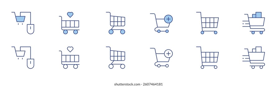 Shopping cart icon set in two styles, Duotone and Thin Line style. Editable stroke. online shopping, shopping cart.