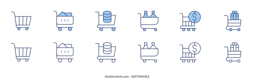 Shopping cart icon set in two styles, Duotone and Thin Line style. Editable stroke. trolley, sale, cart