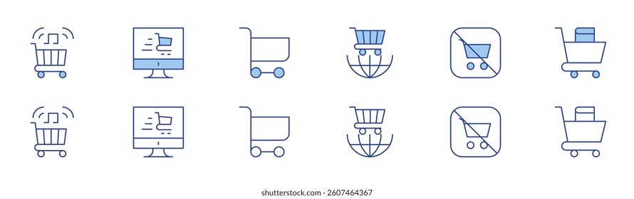 Shopping cart icon set in two styles, Duotone and Thin Line style. Editable stroke. trading, cart, online shopping, no shopping cart