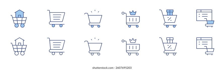 Shopping cart icon set in two styles, Duotone and Thin Line style. Editable stroke. consumerism, cart, online shopping, real estate, shopping cart, empty cart.