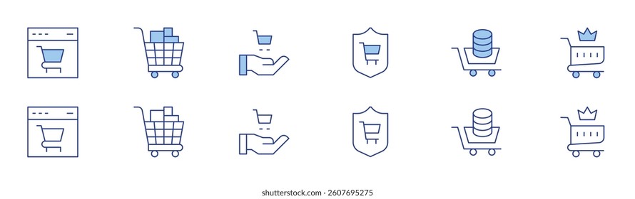 Shopping cart icon set in two styles, Duotone and Thin Line style. Editable stroke. consumer protection, commerce, consumerism, shopping cart, purchase.