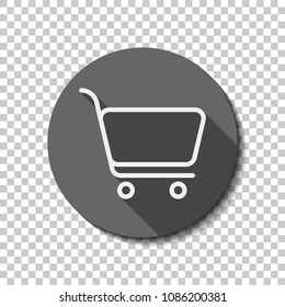 shopping cart icon. Simple linear icon with thin outline. White flat icon with long shadow in circle on transparent background. Badge or sticker style