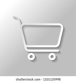 shopping cart icon. Simple linear icon with thin outline. Paper style with shadow on gray background